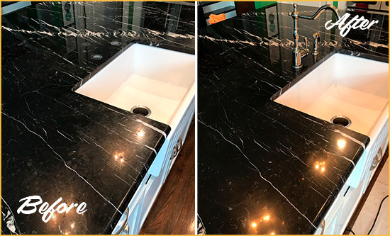 Before and After Picture of a Newport Marble Kitchen Countertop Stone Sealed to Avoid Water Damage