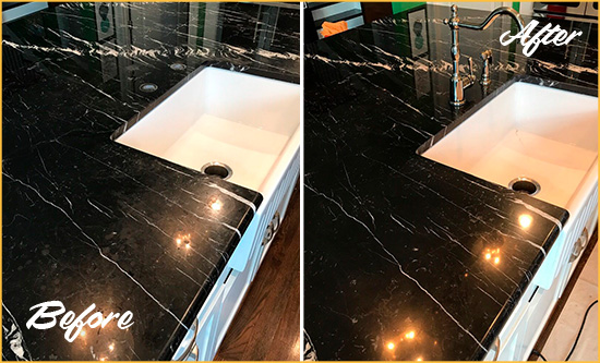 Before and After Picture of a Maysville Marble Kitchen Countertop Stone Sealed to Avoid Water Damage