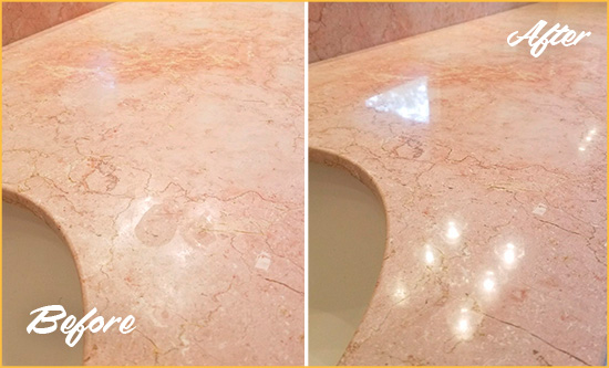 Before and After Picture of a Havelock Marble Stone Vanity Top Sealed to Avoid Water Marks