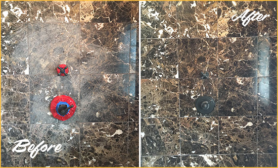 Before and After Picture of a Cherry Point Marble Shower Honed to Remove Scratches