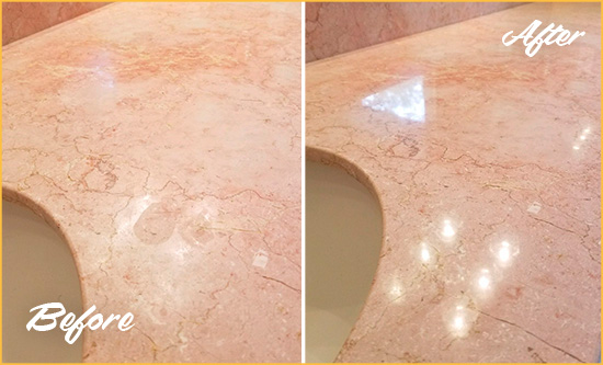 Before and After Picture of a Surf City Marble Vanity Top Honed to Eliminate Water Spots