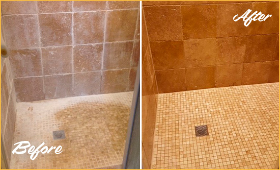 Before and After Picture of a Midway Park Travertine Shower Honed to Remove Mineral Deposits