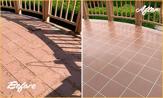 Before and After Picture of a Emerald Isle Hard Surface Restoration Service on a Tiled Deck