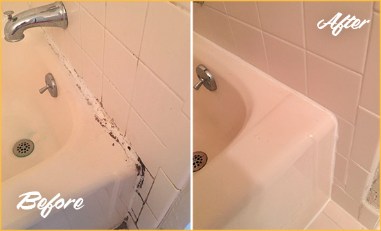 Before and After Picture of a New Bern Hard Surface Restoration Service on a Tile Shower to Repair Damaged Caulking