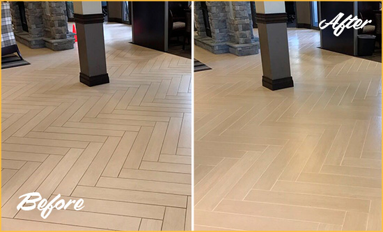 Before and After Picture of a Salter Path Hard Surface Restoration Service on an Office Lobby Tile Floor to Remove Embedded Dirt