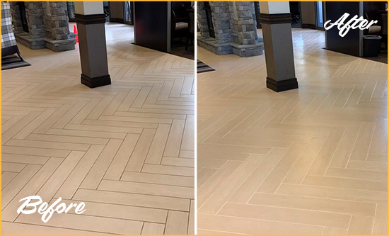 Before and After Picture of a Maysville Hard Surface Restoration Service on an Office Lobby Tile Floor to Remove Embedded Dirt