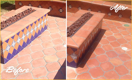 Before and After Picture of a Gloucester Hard Surface Restoration Service on a Dull Terracotta Patio Floor to Recover Its Color