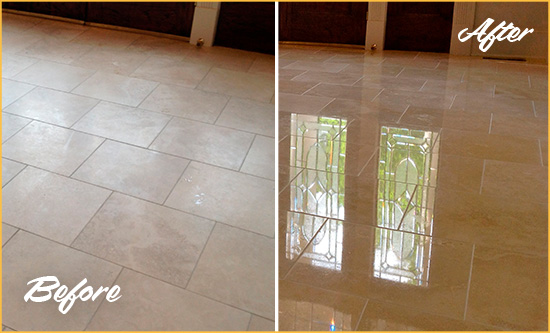 Before and After Picture of a Morehead City Hard Surface Restoration Service on a Dull Travertine Floor Polished to Recover Its Splendor