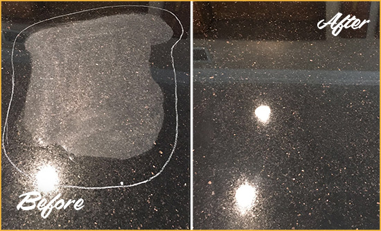 Before and After Picture of a Marshallberg Hard Surface Restoration Service on a Granite Countertop to Remove Scratches