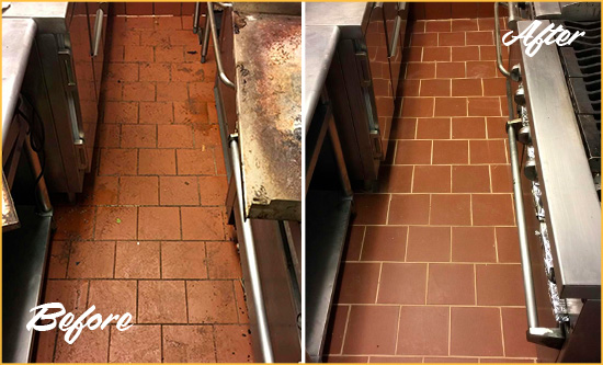 Before and After Picture of a Sealevel Hard Surface Restoration Service on a Restaurant Kitchen Floor to Eliminate Soil and Grease Build-Up
