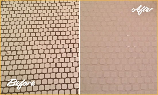 Before and After Picture of a Tarawa Terrace Hard Surface Restoration Service on a Bathroom Tile Floor Recolored to Fix Grout Color