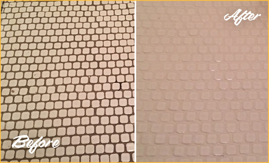 Before and After Picture of a Jacksonville Hard Surface Restoration Service on a Bathroom Tile Floor Recolored to Fix Grout Color