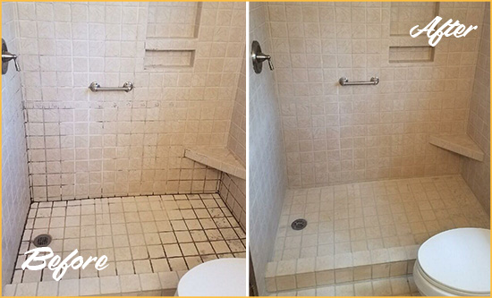 Before and After Picture of a Oak Island Shower Grout Cleaned to Remove Mold