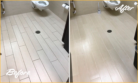 Before and After Picture of a Tarawa Terrace Office Restroom's Grout Cleaned to Remove Dirt