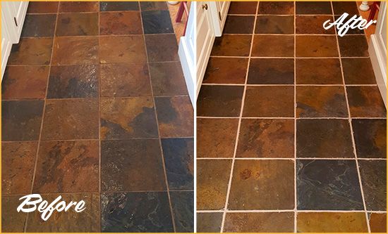 Before and After Picture of Carolina Beach Slate Floor Grout Cleaned to Remove Dirt