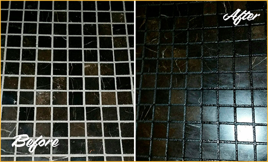 Before and After Picture of a New Bern Black Floor with Recolored Grout