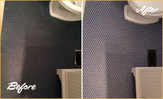 Before and After Picture of a Sneads Ferry Blue Tile Floor Recolored Grout