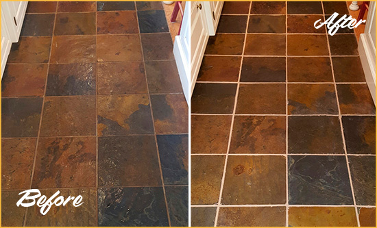 Before and After Picture of a Atlantic Slate Floor Recolored Grout