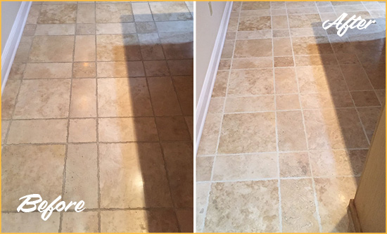 Before and After Picture of a Gloucester Travertine Kitchen Floor Recolored Grout