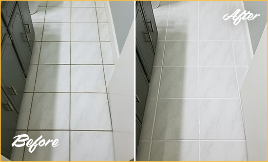 Before and After Picture of a Bolivia White Ceramic Tile with Recolored Grout