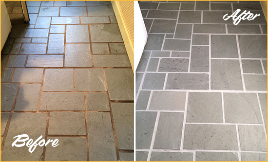 Before and After Picture of Damaged Stacy Slate Floor with Sealed Grout