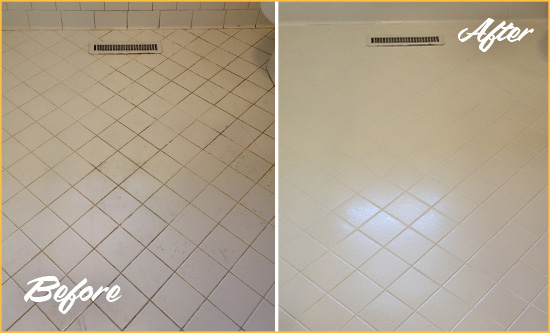 Before and After Picture of a Camp Lejeune White Bathroom Floor Grout Sealed for Extra Protection