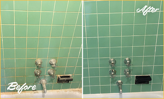 Before and After Picture of a Stacy Bath Tub Grout Sealed to Avoid Water Damage