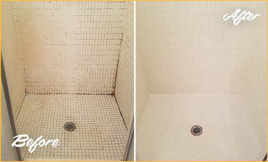 Before and After Picture of a Sealevel Bathroom Grout Sealed to Remove Mold