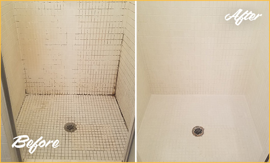 Before and After Picture of a Stella Bathroom Grout Sealed to Remove Mold