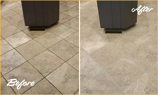 Before and After Picture of a Holly Ridge Kitchen Floor Grout Sealed to Remove Stains