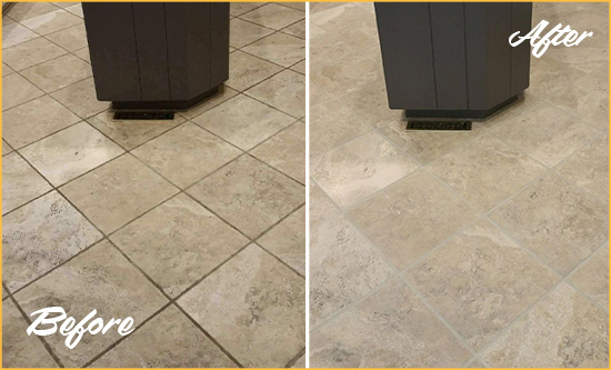 Before and After Picture of a Salter Path Kitchen Floor Grout Sealed to Remove Stains