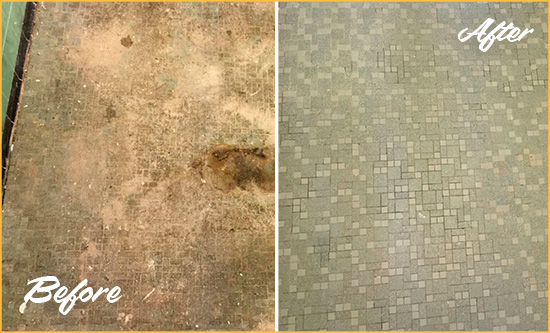 Before and After Picture of a Oak Island Mosaic Shower Cleaned to Eliminate Embedded Dirt