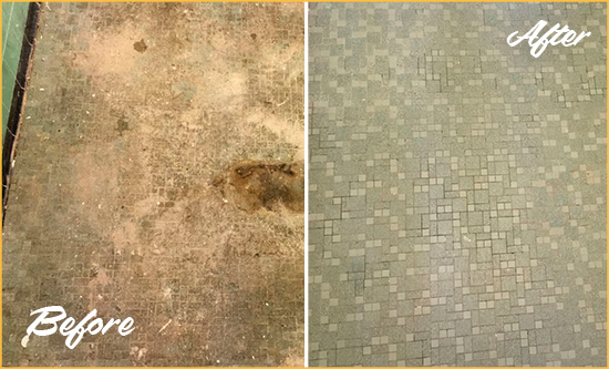 Before and After Picture of a Bolivia Mosaic Shower Cleaned to Eliminate Embedded Dirt