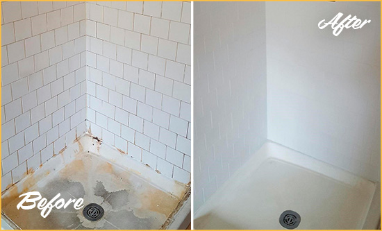 Before and After Picture of a Oak Island Shower Cleaned to Eliminate Mold