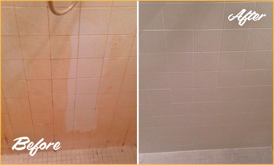 Before and After Picture of a Atlantic Porcelaine Shower Cleaned to Remove Soap Scum