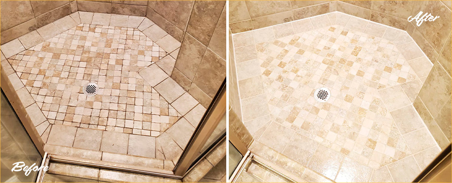 Shower Before and After a Professional Tile Cleaning in New Bern, NC