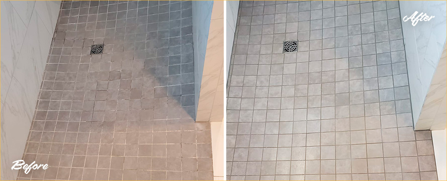 Shower Floor Before and After a Superb Tile Sealing in Southport, NC
