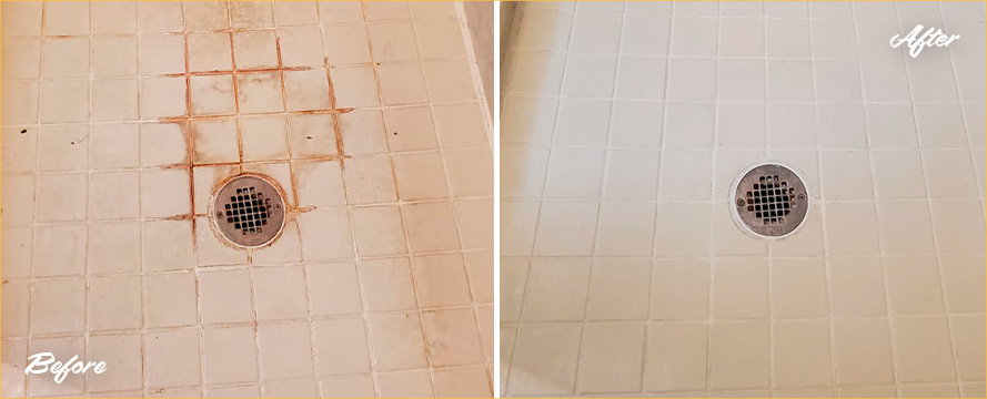 Shower Floor Before and After a Tile Cleaning in Hampstead, NC