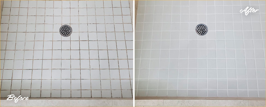 Shower Before and After a Remarkable Grout Cleaning in Wilmington, NC