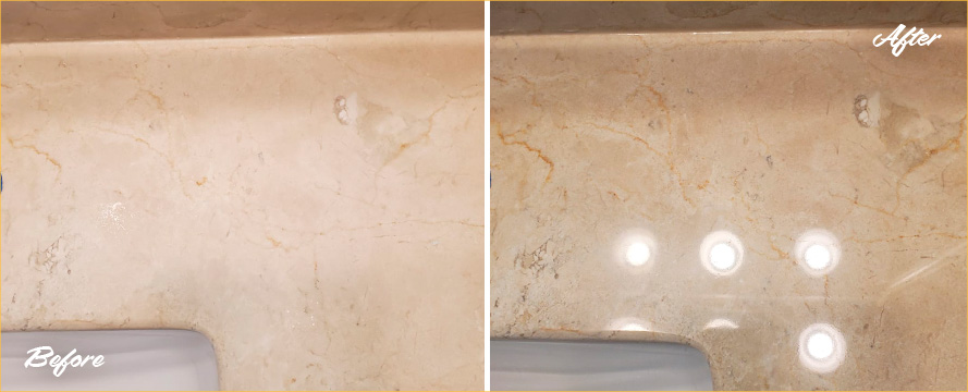 Vanity Top Before and After Our Superb Hard Surface Restoration Services in Morehead City, NC