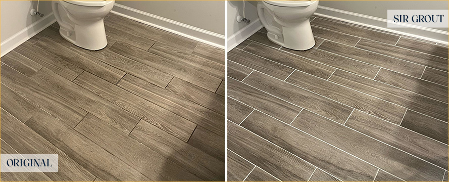 Restroom Floor Before and After a Grout Sealing in Morehead City, NC