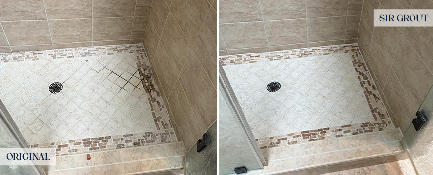 Shower Before and After a Remarkable Tile Cleaning in Hampstead, NC