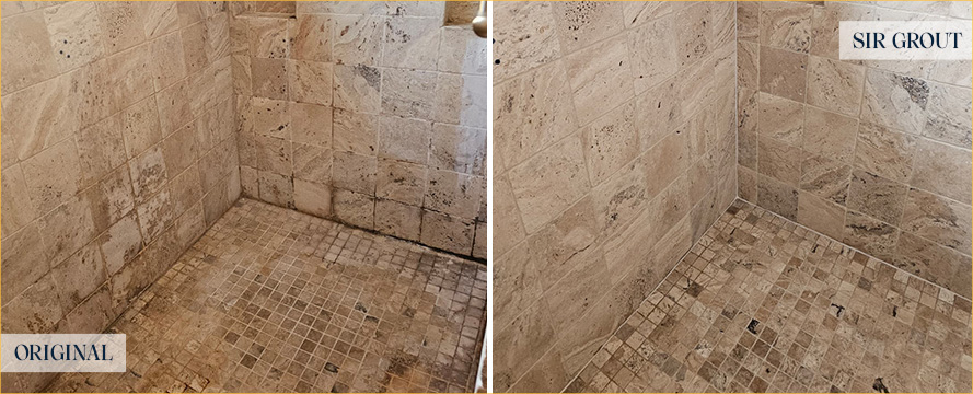 Shower Before and After a Superb Stone Cleaning in Southport, NC