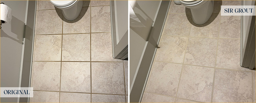 Bathroom Floor Before and After a Flawless Grout Cleaning in Oak Island, NC